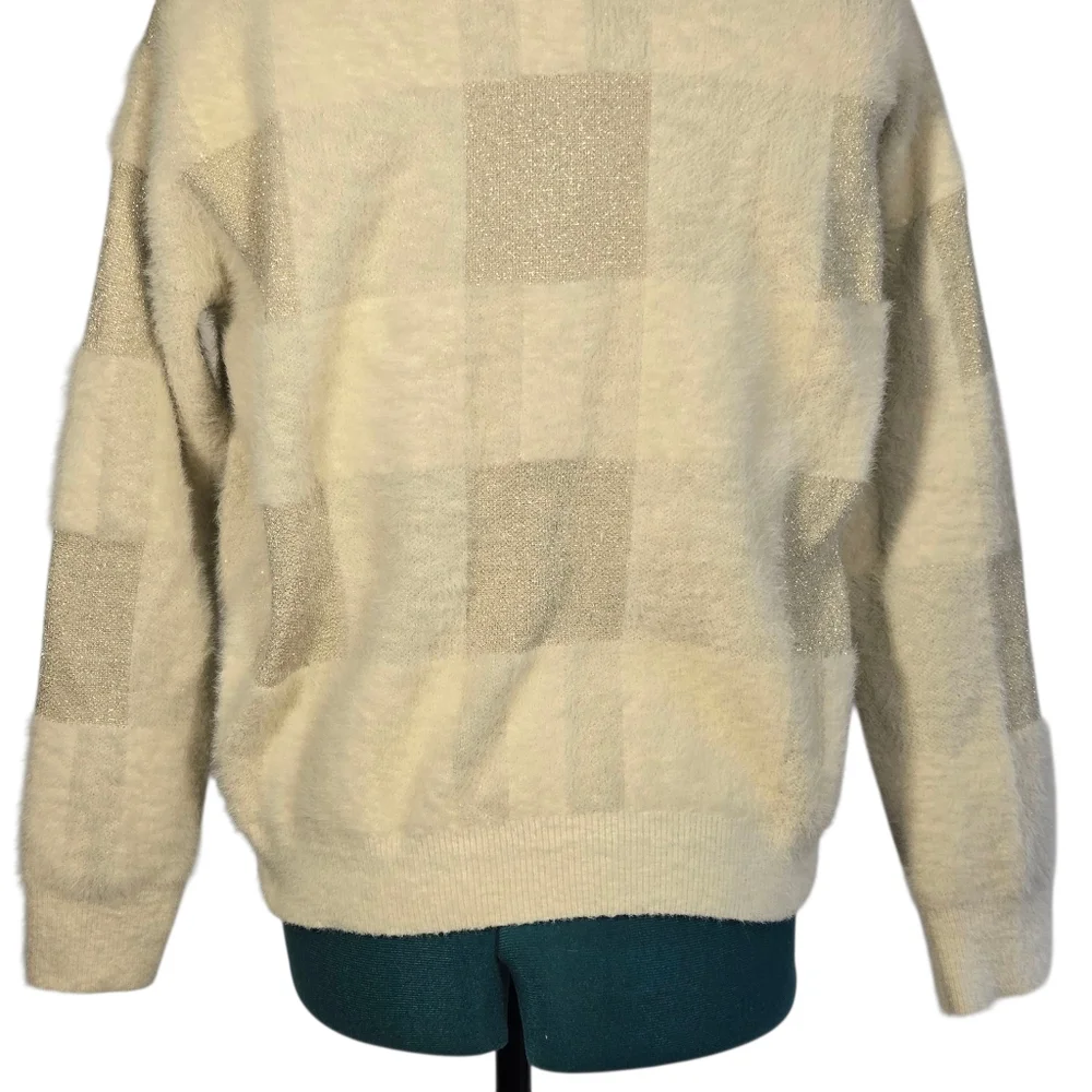 FRNCH Checker Fuzzy Knit Crewneck Sweater Neutral Tan Cream Size Small EUC